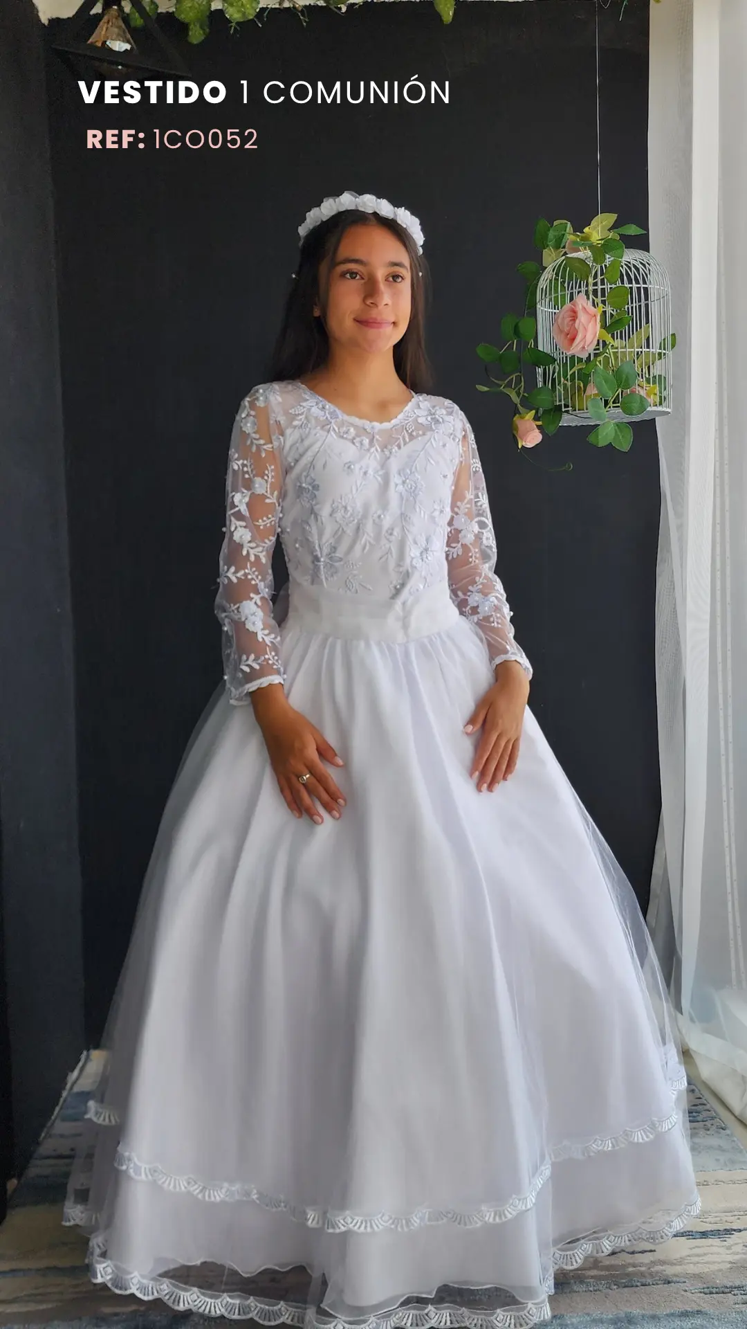 Vestido de Primera Comunión Blanco con Manga Larga en Encaje
