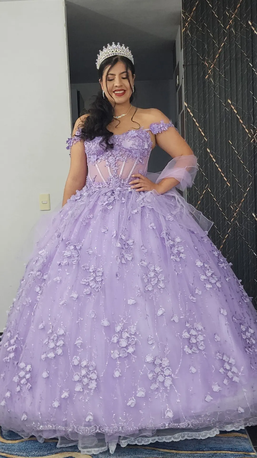 Vestido de Quinceañera Lila con Flores 3D