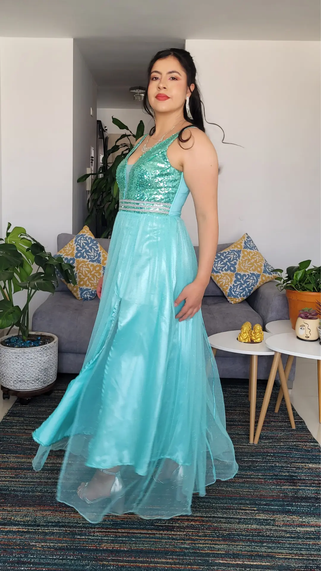 Vestido Verde Menta con Corset en Lentejuelas y Falda en Tul