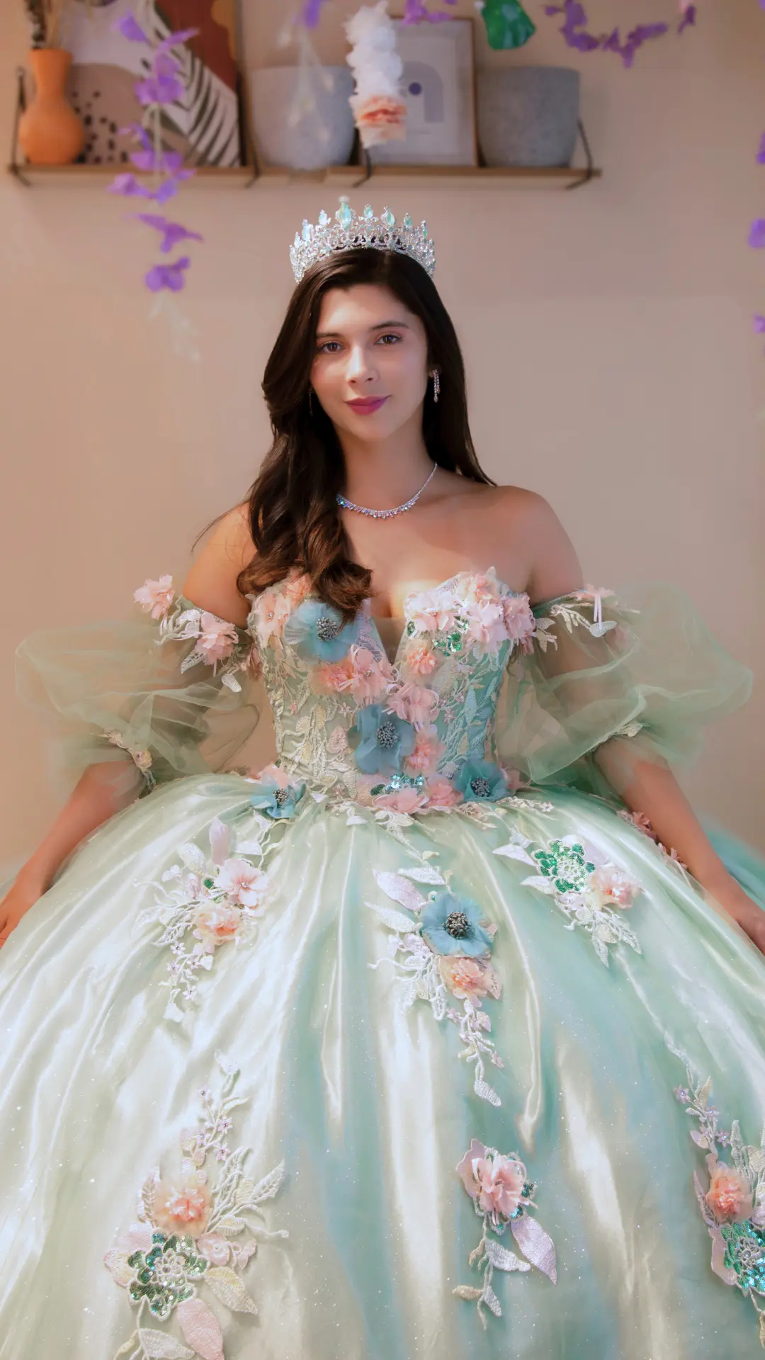 Vestido de Quinceañera Verde Menta Floral